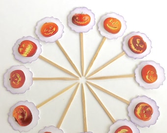 Jack O Lantern Cupcake Toppers, Pumpkin Halloween Decor