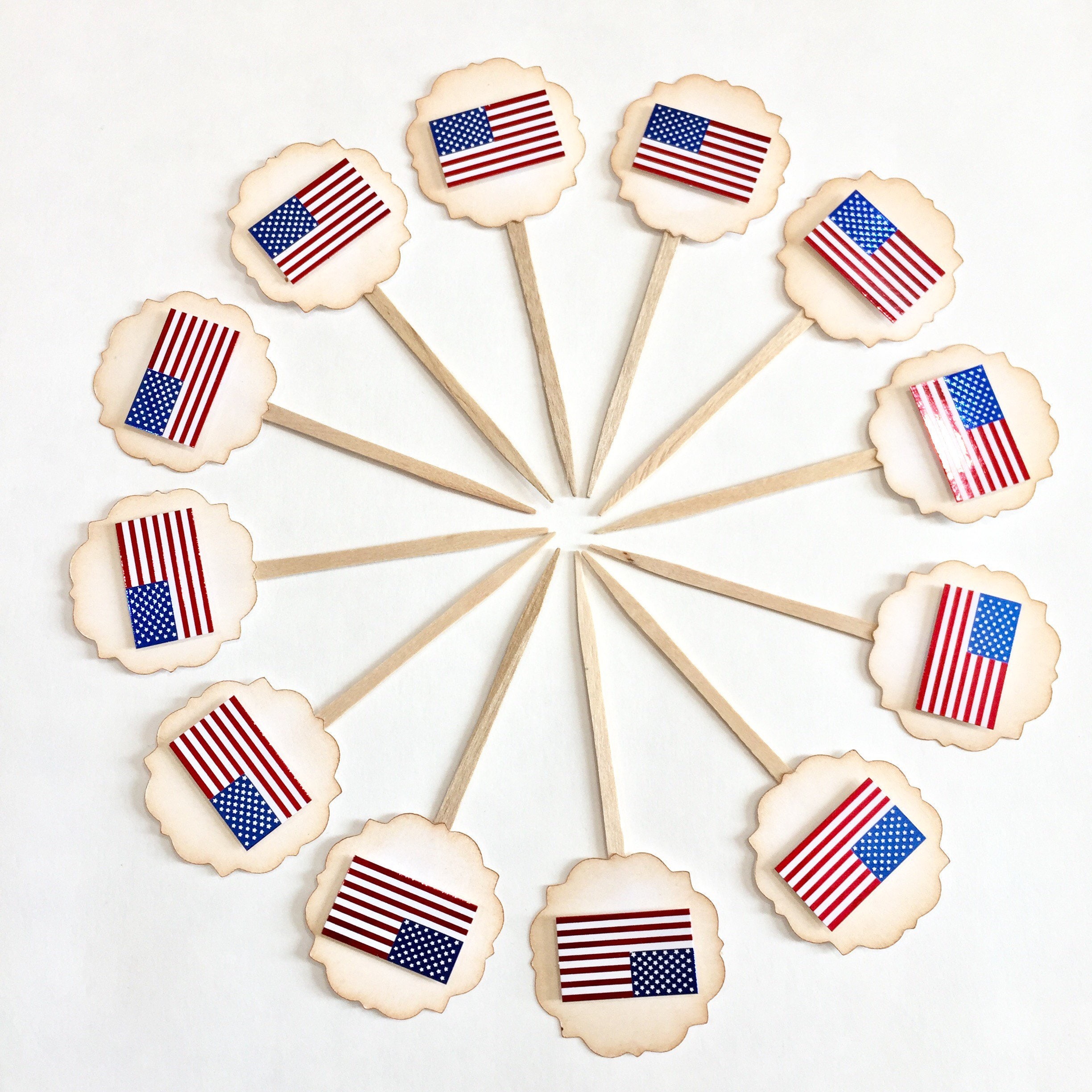 American Flag Cupcake toppers. Memorial day party supplies. Etsy
