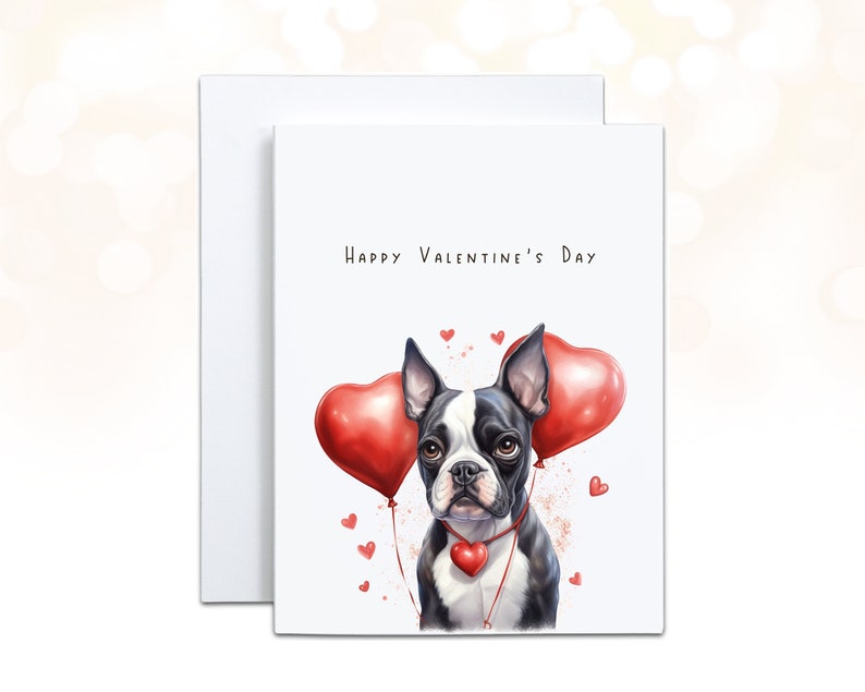 Boston Terrier Valentines day card with heart balloons