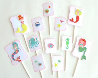 Mermaid Cupcake Toppers. Mermaid Birthday Party. Starfish, Octopus, Crab, Seahorse Party Supplies. Mermaid Food Picks.
