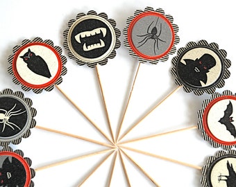 Halloween Cupcake Toppers, Vampires, Spiders, Bats, Owls, Red and Black Halloween Decor