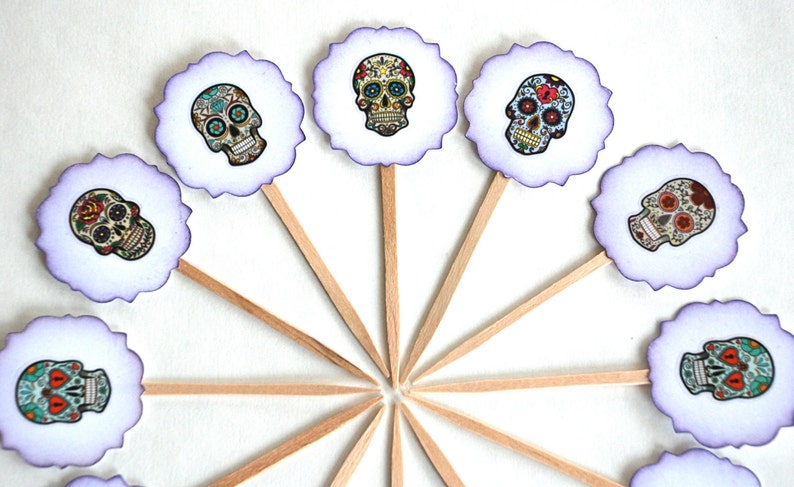 Purple Sugar Skull Cupcake Toppers Day Of The Dead Party Etsy