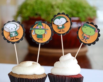 Kids Halloween Cupcake Toppers, Vampire Skeleton Frankenstein Witch Halloween Decor