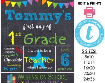 Green editable printable First day of school DIY Boys | Etsy