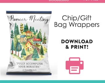 DIY printable chip gift bag wrappers template, JW pioneer meeting Digital File Instant Download