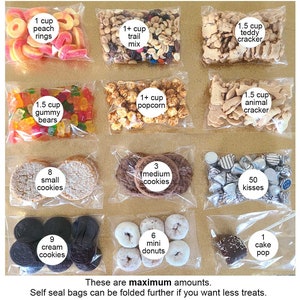 Pode incluir: Um gr&aacute;fico que mostra a quantidade m&aacute;xima de diferentes guloseimas que podem caber em um saco autossold&aacute;vel de 4x6 polegadas. As guloseimas incluem an&eacute;is de p&ecirc;ssego, mistura de trilha, biscoitos Teddy, ursinhos de goma, pipoca, biscoitos de animais, biscoitos pequenos, biscoitos m&eacute;dios, beijos, biscoitos de creme, mini donuts e picol&eacute;s de bolo. O texto "Estas s&atilde;o quantidades m&aacute;ximas. Os sacos autossold&aacute;veis podem ser dobrados mais se voc&ecirc; quiser menos guloseimas. A espessura afeta o quanto cabe. Se o seu item estiver perto de 4" de largura, mas for realmente grosso, ele pode n&atilde;o caber. Isso afeta quantas bolachas cabem." est&aacute; inclu&iacute;do na parte inferior do gr&aacute;fico.