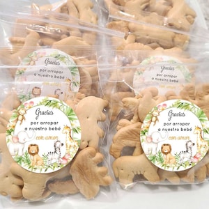 Spanish safari animals stickers and clear bags thank you Gracias español, Gender neutral baby shower favors girl boy 1.9&quot; labels party favor