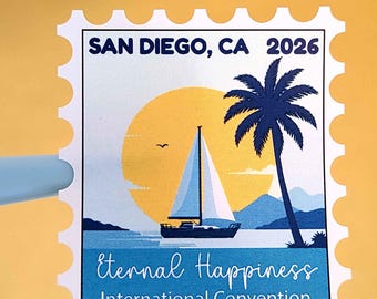 May include: A rectangular postage stamp featuring a sailboat on water with a large yellow sun, a palm tree, and mountains in the background. The text reads SAN DIEGO, CA 2026, Eternal Happiness, and International Convention in blue and white.
