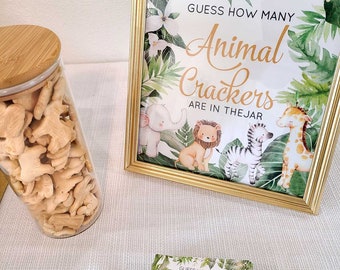 PRINTED Safari baby shower game guess how many animal crackers cards + 8x10 sign jungle guessing game party gender neutral coed - NO frame