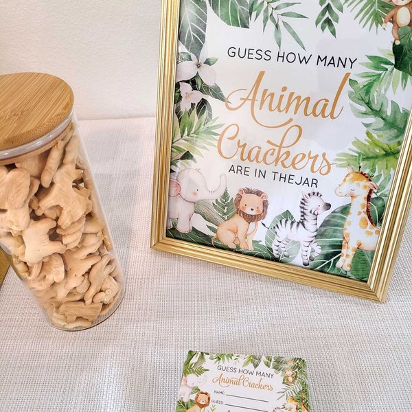 PRINTED Safari baby shower game guess how many animal crackers cards + 8x10 sign jungle guessing game party gender neutral coed - NO frame