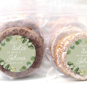 Spanish 1.9 inch Stickers with bags Español JW pioneer gifts bulk, que dulce es servir a Jehova junto a ti Green floral labels cookie snack