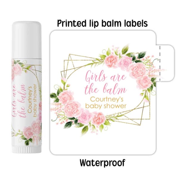 Baby shower favors lip balm Labels personalized DIY  customized girl baby shower favor stickers pink roses gold floral greenery