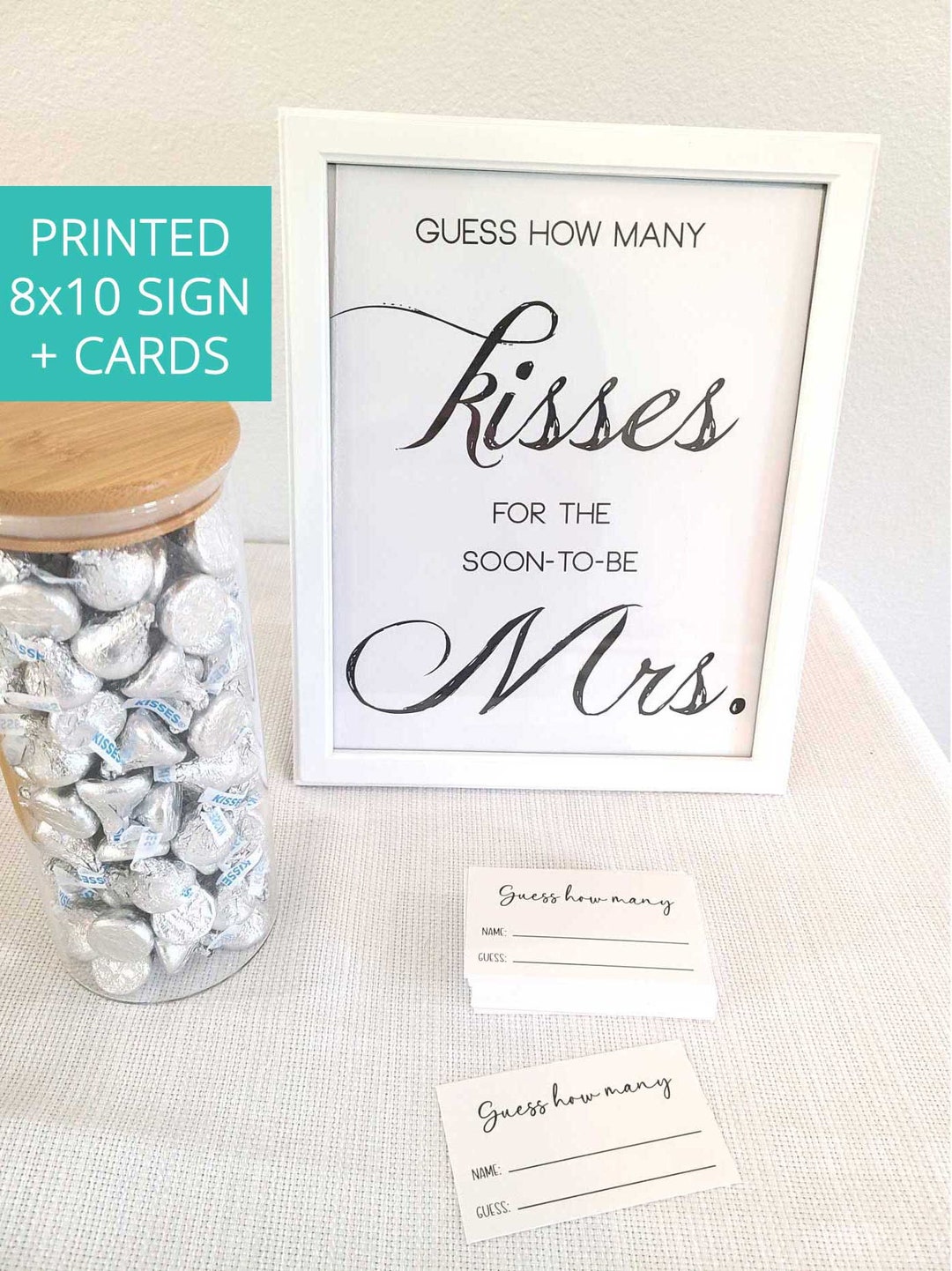 "How Many Kisses In The Jar" Bridal Shower Game - Floral Design With 1 Sign & 30 Cards (5x7")