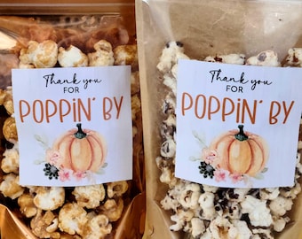 orange Pumpkin wedding popcorn favors fall thank you for poppin' by favors 3" stickers and treat bags, Autumn zip bags