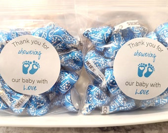 Boy baby shower favors 1.9 inch stickers + bags thank you for showering our baby with love, favors baby shower labels party favor bulk