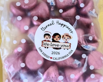 Pick location 1.9 inch Stickers with bags JW 2026 international convention gifts bulk, Eternal Happiness, empty polka dot bag
