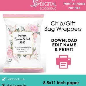 DIY printable chip gift bag wrappers template, JW 2025 pioneer school for sister pink roses Digital File Instant Download