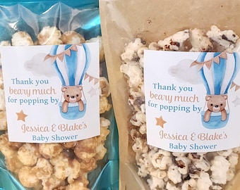 Personalized popcorn baby shower favors teddy bear 3" stickers and treat bags