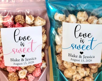 Personalized love is sweet wedding popcorn favors bags and 3 inch stickers