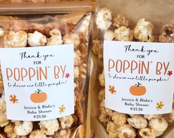 Personalized Autumn pumpkin thanks for popping by popcorn baby shower favors 3" stickers treat bags, fall favors bulk gift pouch