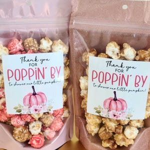 May include: Two stand-up pouches filled with popcorn, one pink and one rose gold. Each features a white label with the text Thank you FOR POPPIN' BY to shower our little pumpkin! and an illustration of a pink pumpkin with floral accents.