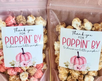 Pumpkin baby shower fall thanks for popping by popcorn baby shower favors 3" stickers and treat bags, Autumn zip bags pink or blue