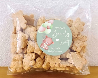 We can bearly wait Teddy bear baby shower favors stickers with bags, gender neutral sage green