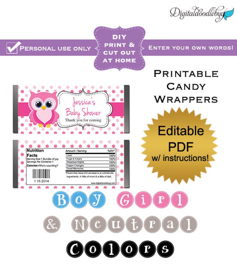 Do it yourself editable printable sweet wrappers (No.3) owl woman boy and gender impartial little one shower favors PDF Electronic History graphic regarding Printable Candy Wrappers identified as Do it yourself editable printable sweet wrappers (No.3) owl woman boy and gender impartial youngster shower favors PDF Electronic Record