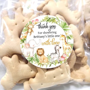 Personalized 1.9 inch safari animals stickers and bags thank you for showering little one with love, Gender neutral baby shower label favor
