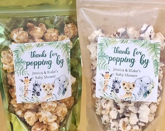Thanks for popping by Safari baby shower popcorn favors 3 inch stickers & treat bag gender neutral