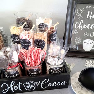 Hot chocolate bar kit DIY 36 labels 2.5 inch With 8x10 paper sign, black white snowflake round stickers winter party decor