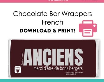 FRENCH printable chocolate candy bar wrappers template Elder school DIY appreciation gift Digital file Instant download