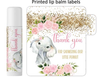 Baby shower lip balm labels girls pink elephant DIY girl baby shower favor stickers pink roses gold floral
