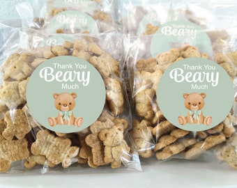 Teddy bear baby shower favors boy stickers with bags, thank you beary much baby bear favor label teddy gender neutral sage green cheap favor