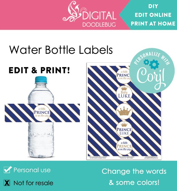 diy editable printable water bottle labels prince gold glitter baby boy shower favors no 56 corjl printable water bottle labels