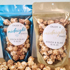 Personalized wedding treat bags and 3 inch stickers midnight snack popcorn favors, late night favors wedding snack bags brown kraft peach