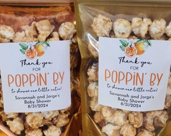 Personalized little cutie popcorn baby shower favors 3" stickers and treat bags