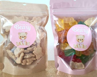 Small Baby shower favors girl pink bear 1.9 inch stickers + 4x6" bags