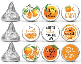 Little cutie baby shower favors 0.75 inch round stickers citrus orange theme, mini chocolate candy labels, gender neutral clementine unisex