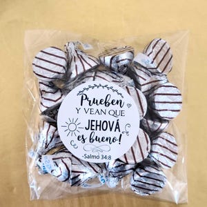 Spanish Español 1.9 inch Stickers with bags Jw pioneer gifts bulk, Prueben y vean que Jehová es bueno labels bags imagem 1
