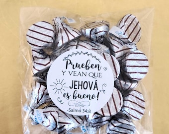 Spanish Español 1.9 inch Stickers with bags Jw pioneer gifts bulk, Prueben y vean que Jehová es bueno labels bags