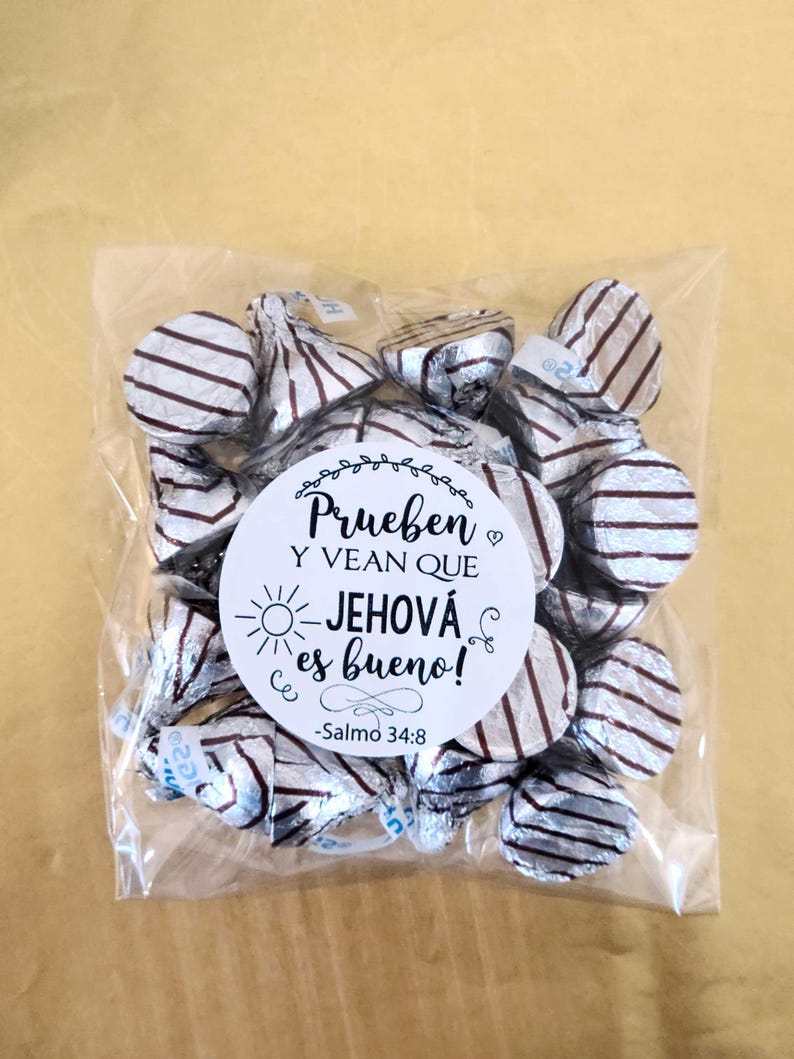 Spanish Español 1.9 inch Stickers with bags Jw pioneer gifts bulk, Prueben y vean que Jehová es bueno labels bags imagem 1