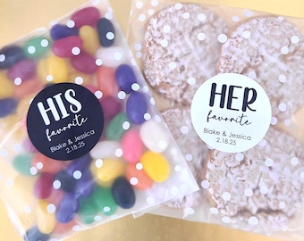 May include: Two clear bags with white polka dots. One bag contains colorful jelly beans with a black circle sticker that says "HIS favorite" with the names Blake & Jessica and the date 2.18.25. The other bag contains two sugar cookies with white sprinkles and a white circle sticker that says "HER favorite" with the names Blake & Jessica and the date 2.18.25.