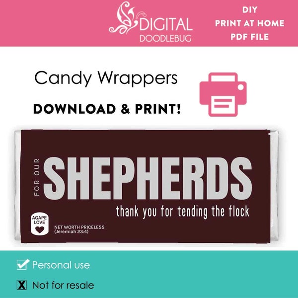 DIY printable candy bar wrappers template Elder school appreciation shepherds gift Digital File Instant Download