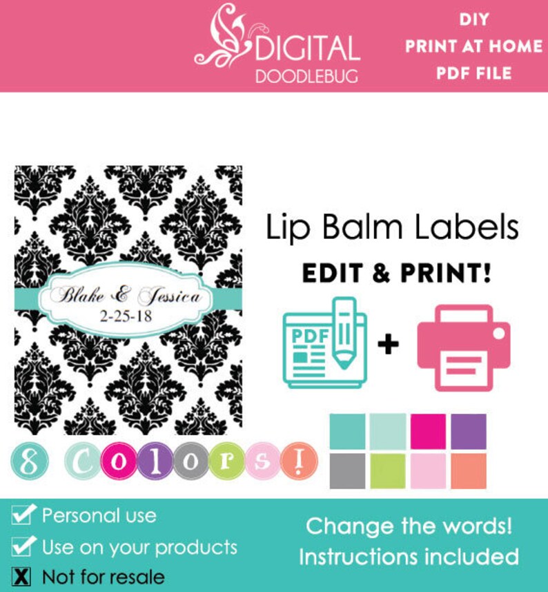 diy editable printable lip balm labels no9g damask wedding etsy