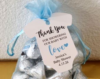 Baby shower favors hang tags and bags personalized with names - pick color thank you for showering our baby with love bodysuit