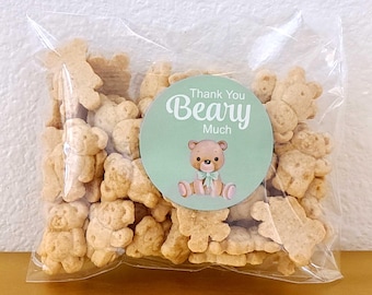 Teddy bear baby shower favors boy stickers with bags, thank you beary much label gender neutral sage green