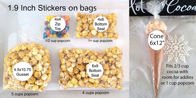 Pode incluir: Um conjunto de sacos de pl&aacute;stico transparente com diferentes tamanhos de pipocas e um cone para chocolate quente. Os sacos t&ecirc;m etiquetas com o tamanho do saco e a quantidade de pipocas que ele cont&eacute;m. O cone tem uma etiqueta que diz "Cone 6x12" e "Cabe 2/3 x&iacute;cara de cacau com espa&ccedil;o para adi&ccedil;&otilde;es ou 1 x&iacute;cara de pipocas".