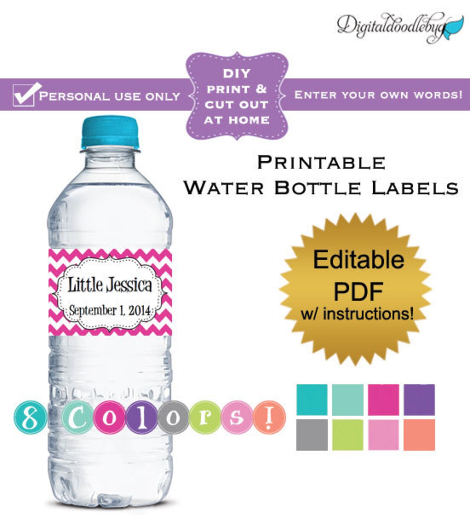 DIY editable printable water bottle labels PDF No.42g Etsy