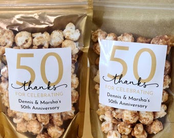 50th golden anniversary popcorn favors 3 inch stickers treat bags, favor for guests bulk gift stand up pouches